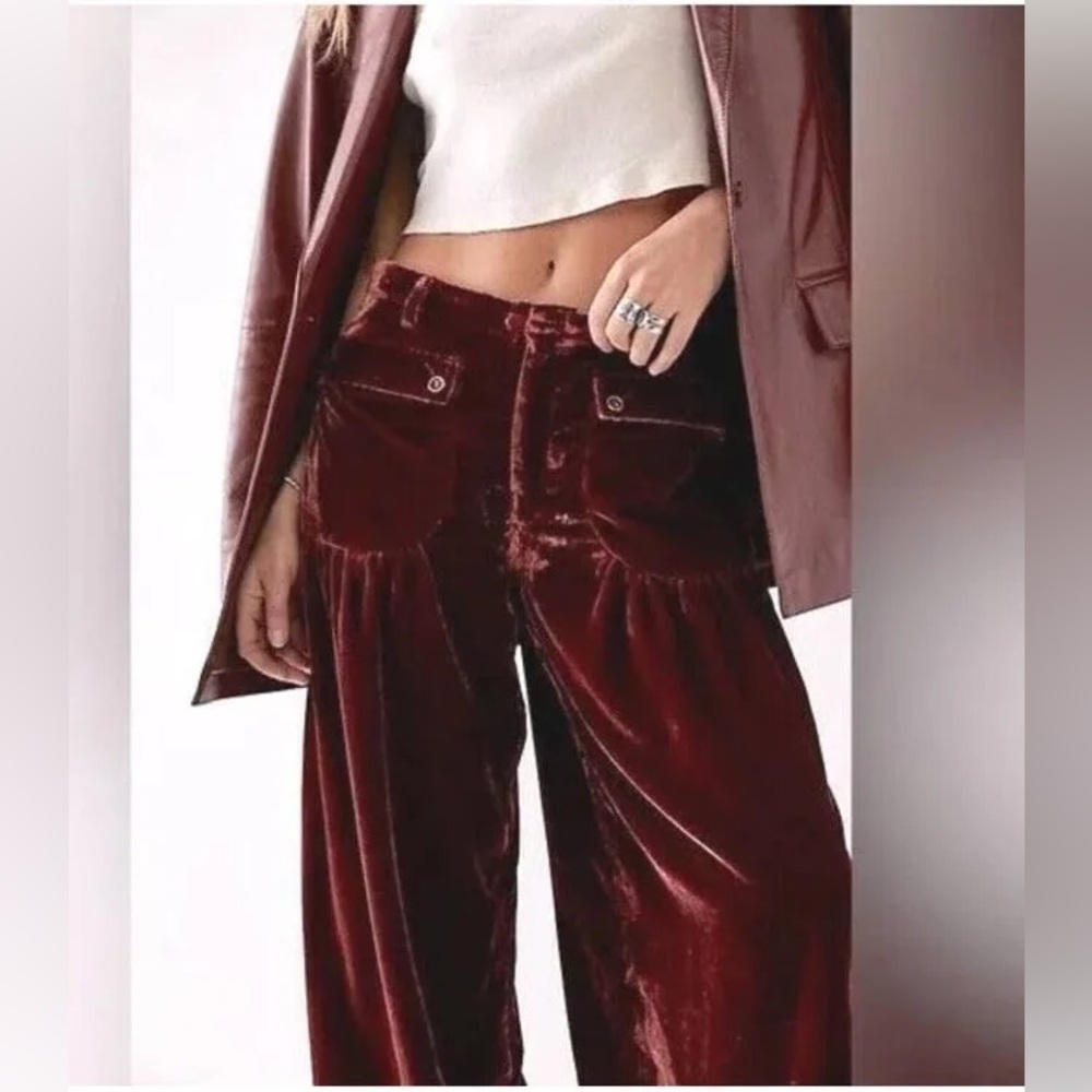 Free People Lotus Dropped Patch Pocket Cinched Tie Ankle Rust Velvet Size 27 NEW